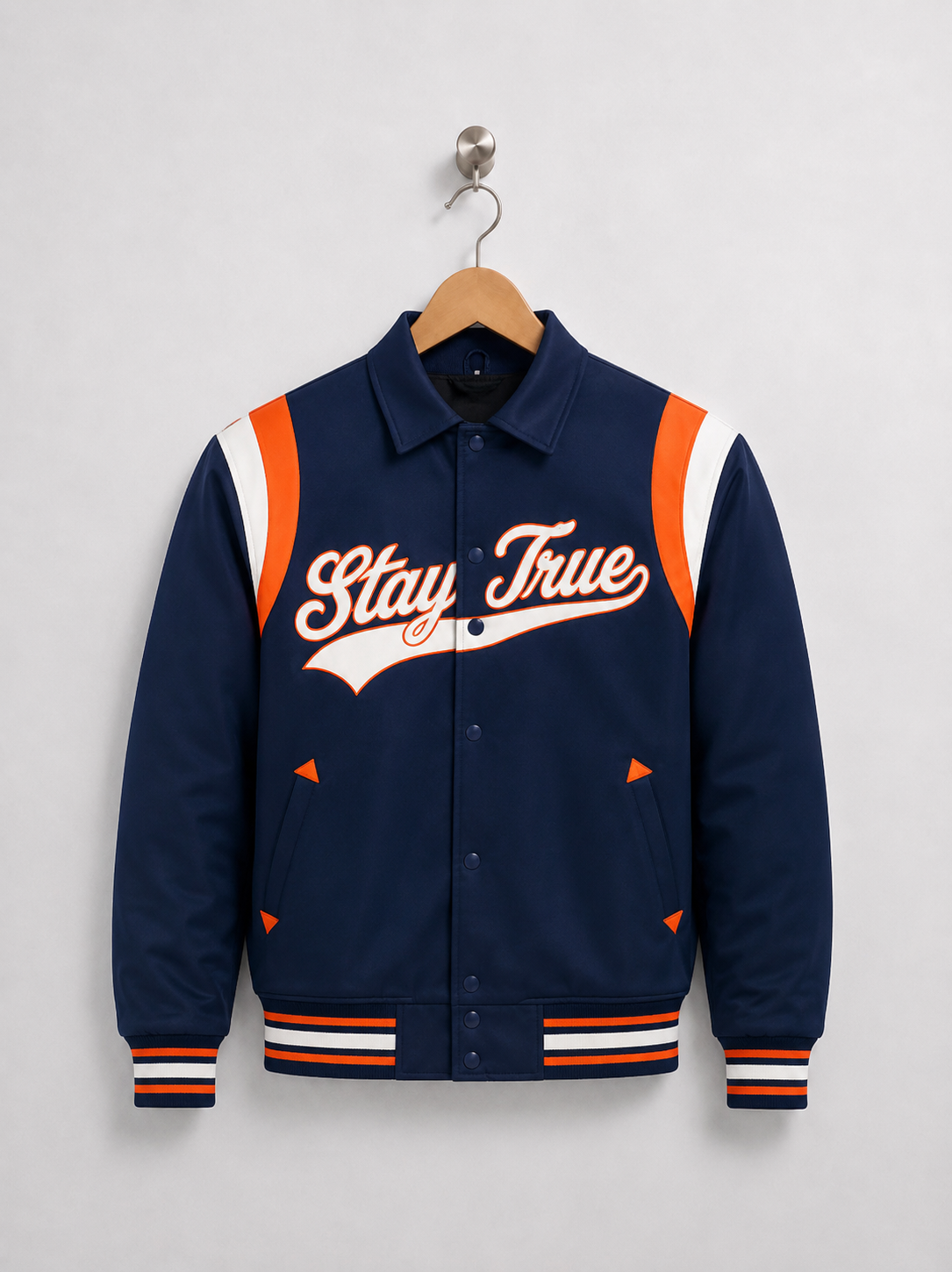 Stay True Lightweight Varsity Jacket- Blue/Orange