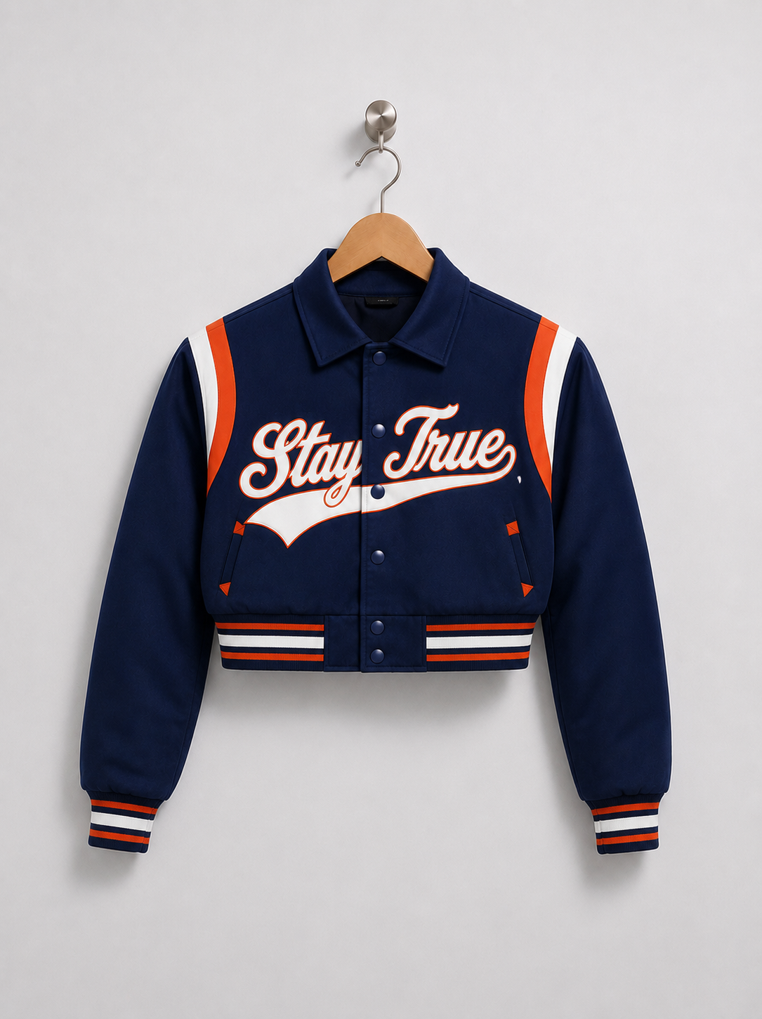 Stay True Lightweight Cropped Varsity Jacket- Blue/Orange