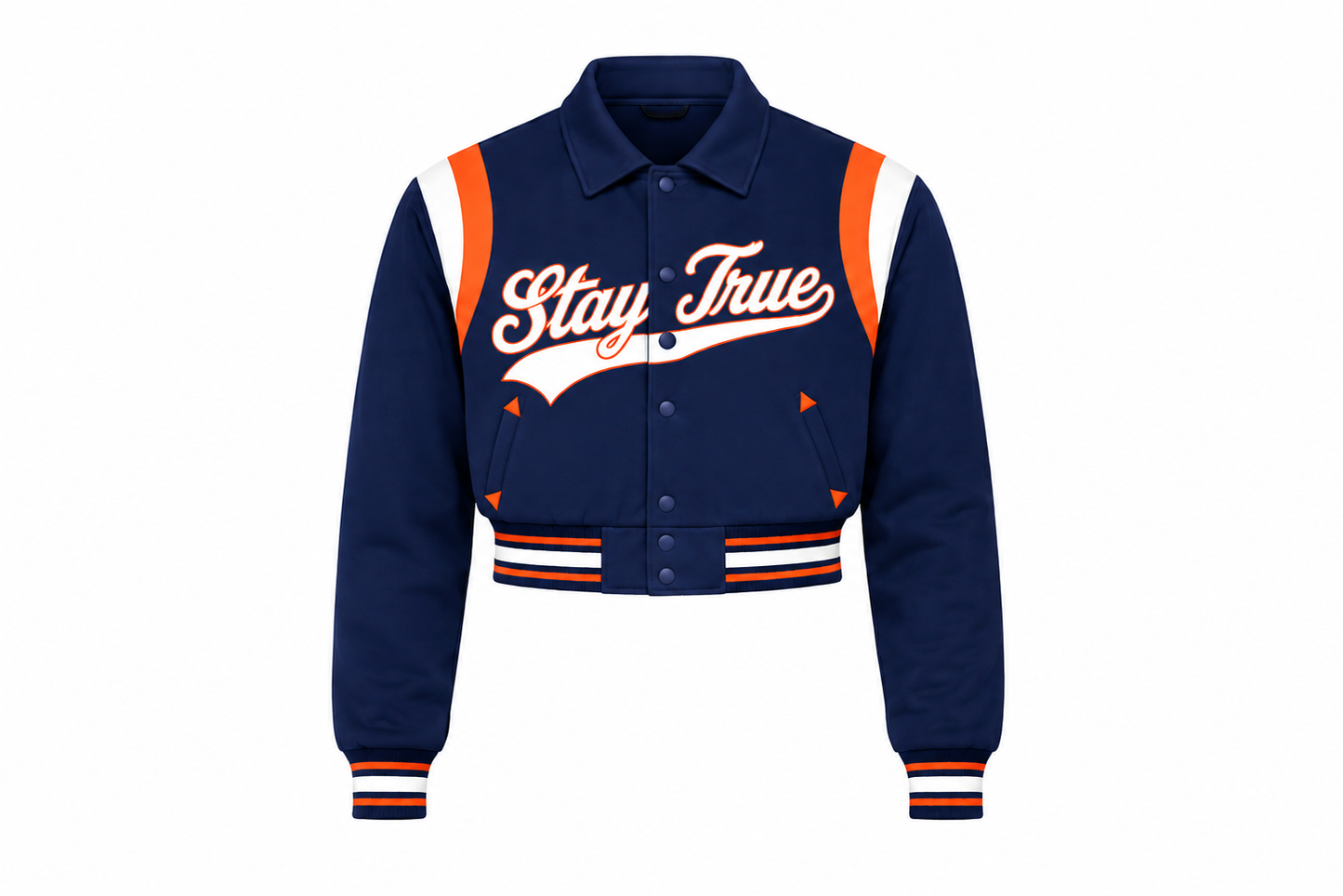 Stay True Lightweight Cropped Varsity Jacket- Blue/Orange