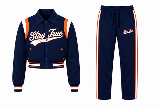 Stay True Satin Lightweight Cropped Varsity Set- Blue/Orange