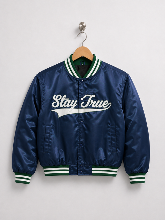 Stay True Bomber Jacket (Delaware State University) - Blue/Green (Preorder)