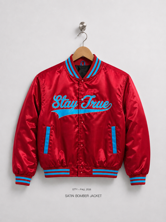 Stay True Bomber Jacket (Delaware State University) - Blue/Red (Preorder)
