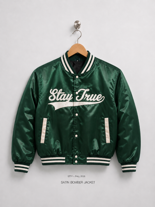 Stay True Bomber Jacket- Forest Green/White (Preorder)