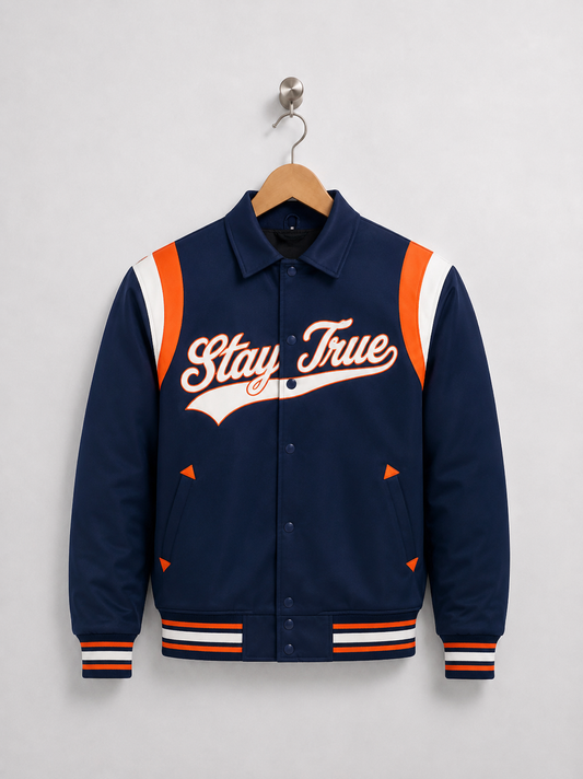 Stay True Lightweight Varsity Jacket- Blue/Orange
