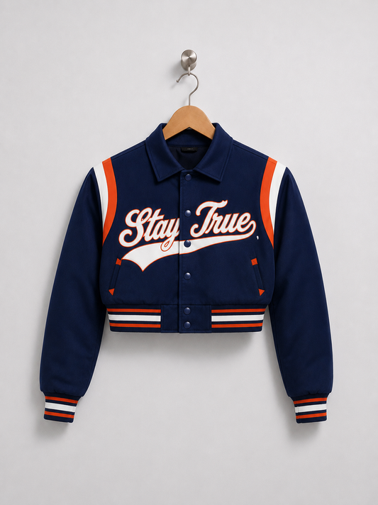 Stay True Lightweight Cropped Varsity Jacket- Blue/Orange