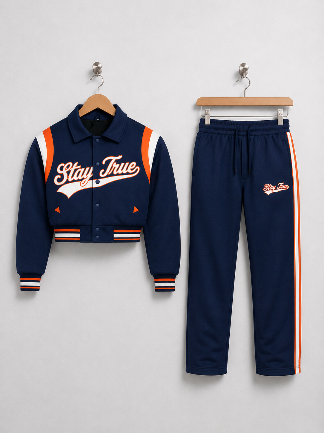 Stay True Satin Lightweight Cropped Varsity Set- Blue/Orange