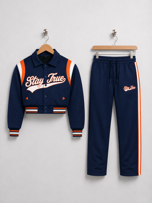 Stay True Satin Lightweight Cropped Varsity Set- Blue/Orange