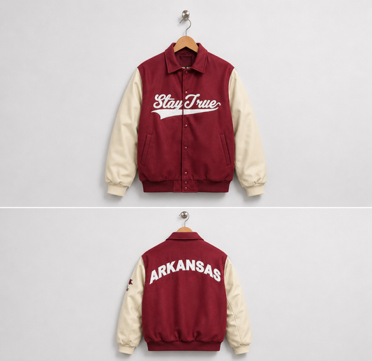 Stay True x Arkansas Varsity Jacket- Cardinal/Cream (Preorder)