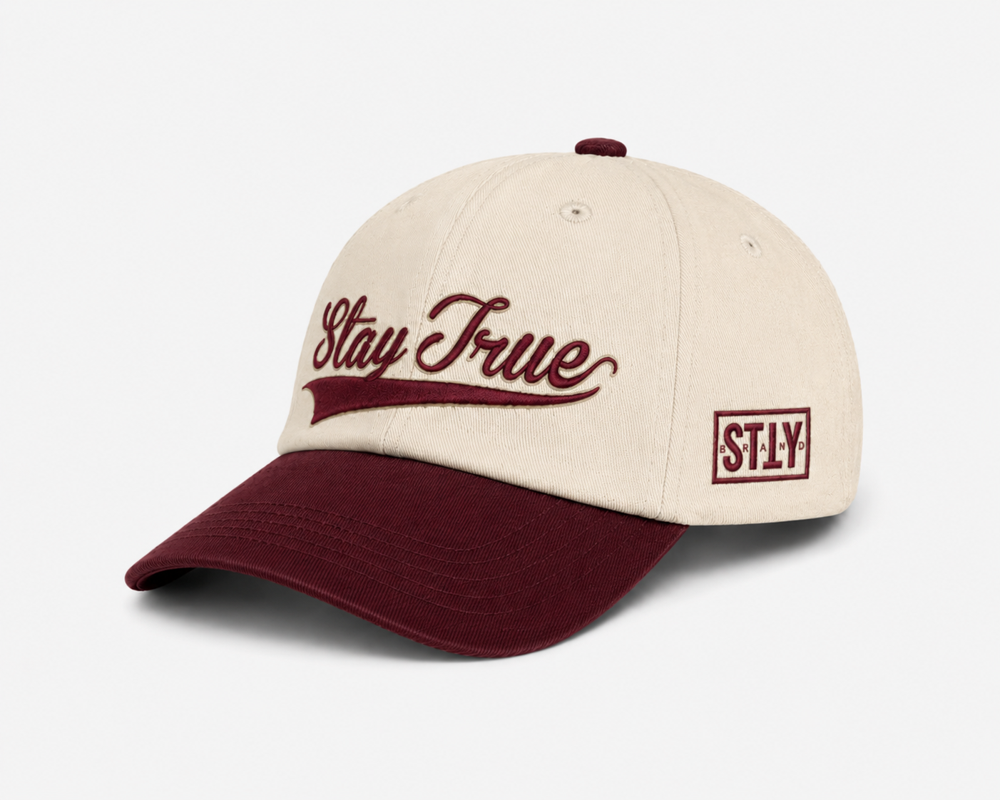 Stay True Logo Hat- Cream/Maroon