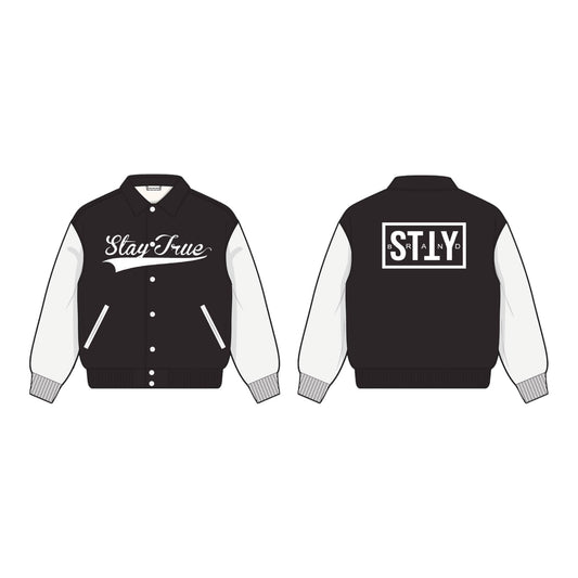 Stay True Varsity Jacket- Black/White (Preorder)