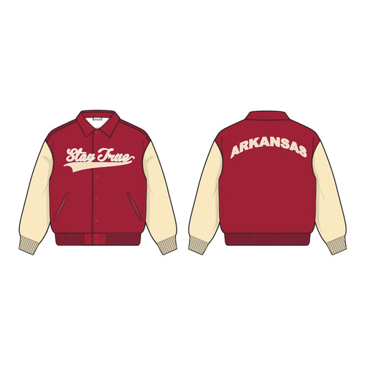Stay True x Arkansas Varsity Jacket- Cardinal/Cream (Preorder)