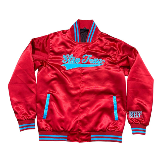 Stay True Bomber Jacket (Delaware State University) - Blue/Red (Preorder)
