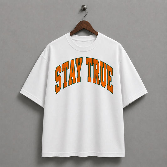 Stay True Varsity Tee- White/Orange